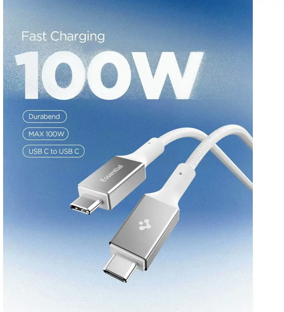 „Spigen Essential USB C“ – USB C 100 W audinio kabelis, baltas EB10015CC