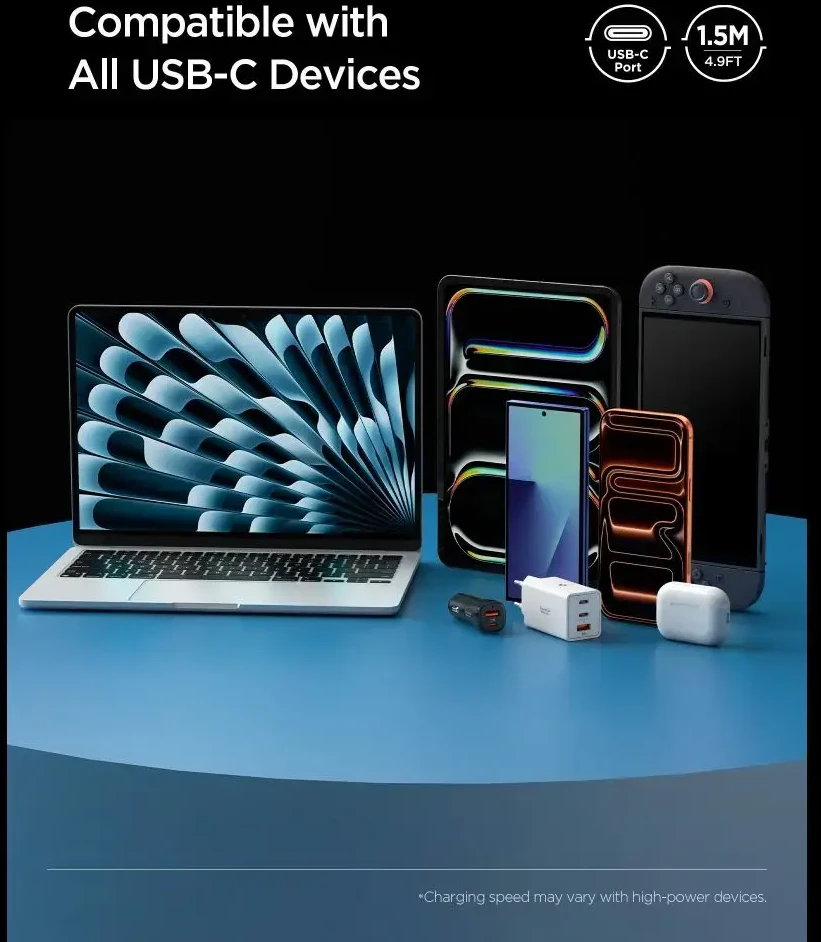 „Spigen Essential USB C“ – USB C 100 W audinio kabelis, baltas EB10015CC