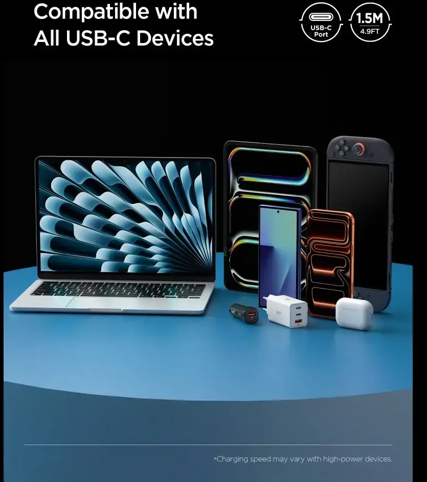 „Spigen Essential USB C“ – USB C 240 W audinio kabelis, baltas EB24015CC