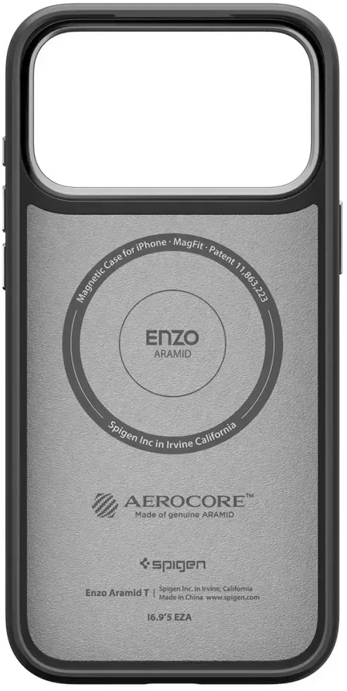 Spigen Enzo Aramid "T" MagSafe dėklas skirtas Apple iPhone 17 Pro – juodos spalvos ir sidabrinės spalvos