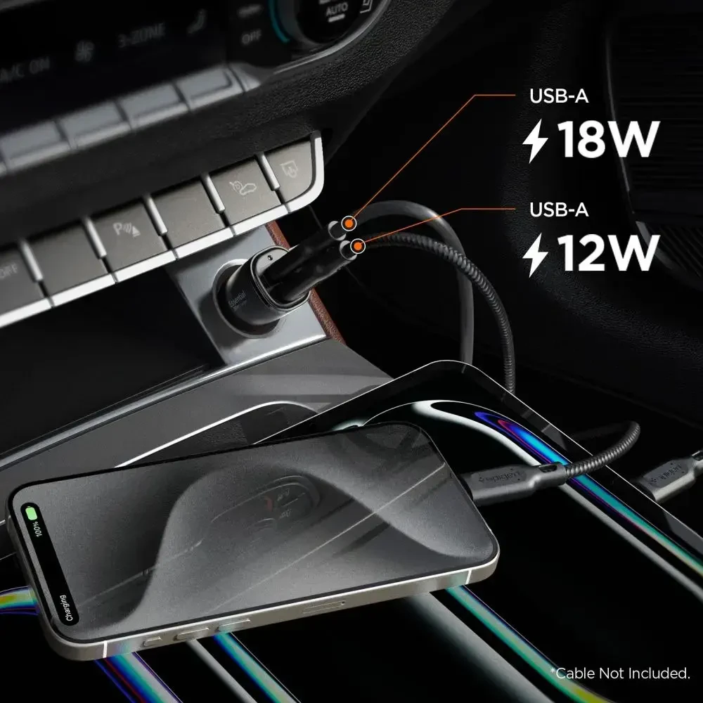 Juodas 30W 2xUSB-A automobilinis įkroviklis „Spigen Essential EV302”