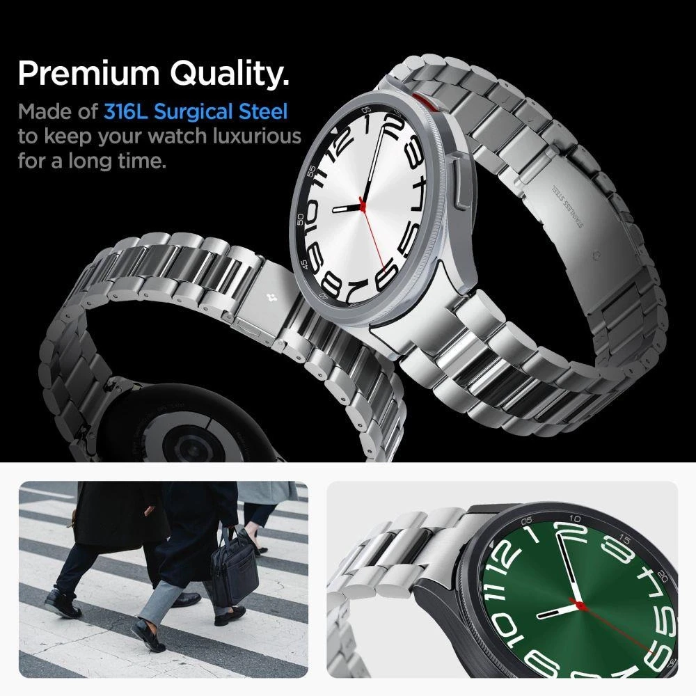 „Spigen Modern Fit 316L“ dirželis, sidabrinis - „Samsung Galaxy Watch6 Classic“ 47 mm