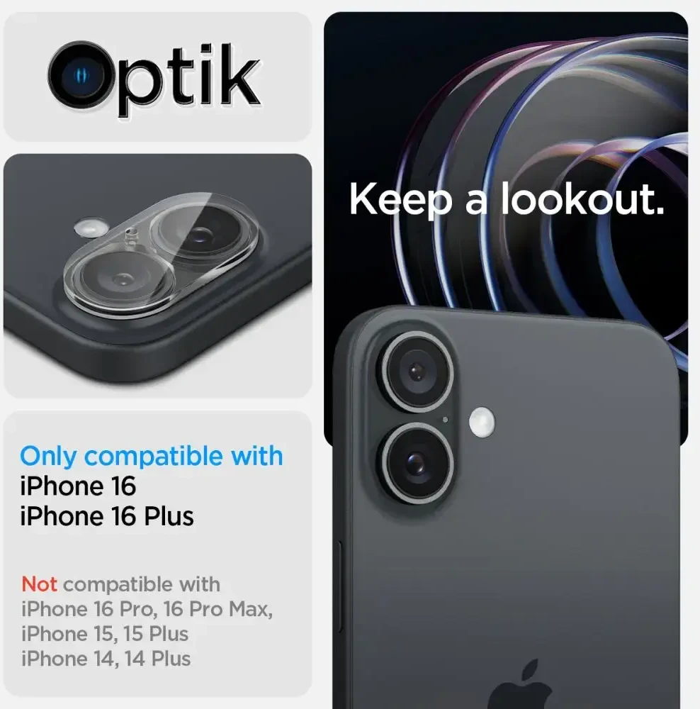 Apsauginis stiklas kamerai iPhone 16 / iPhone 16 Plus Spigen Optik Glas.tr kameros apsauga 2 vnt. Crystal Clear