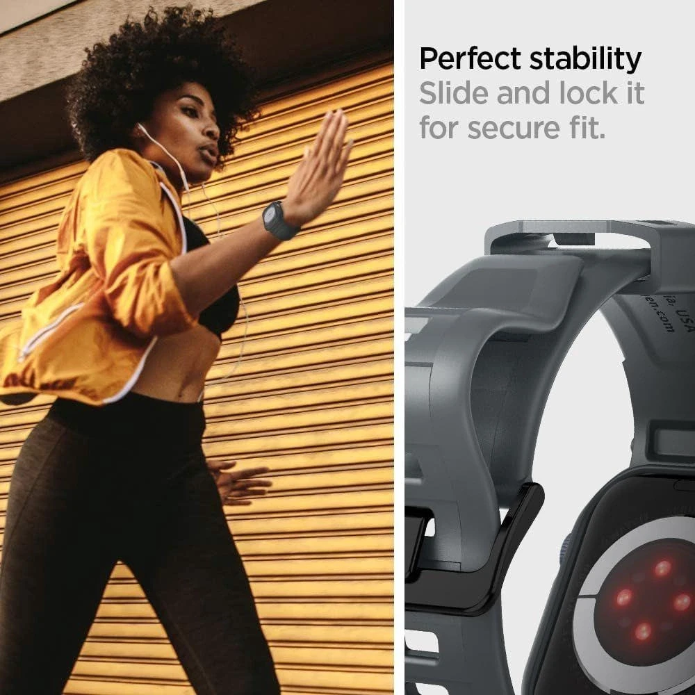 „Spigen Rugged Armor Pro“ dirželis su dėklu, skirtas „Apple Watch 4/5/6/7/8/9/SE 44/45 mm“ (tamsiai pilkas)