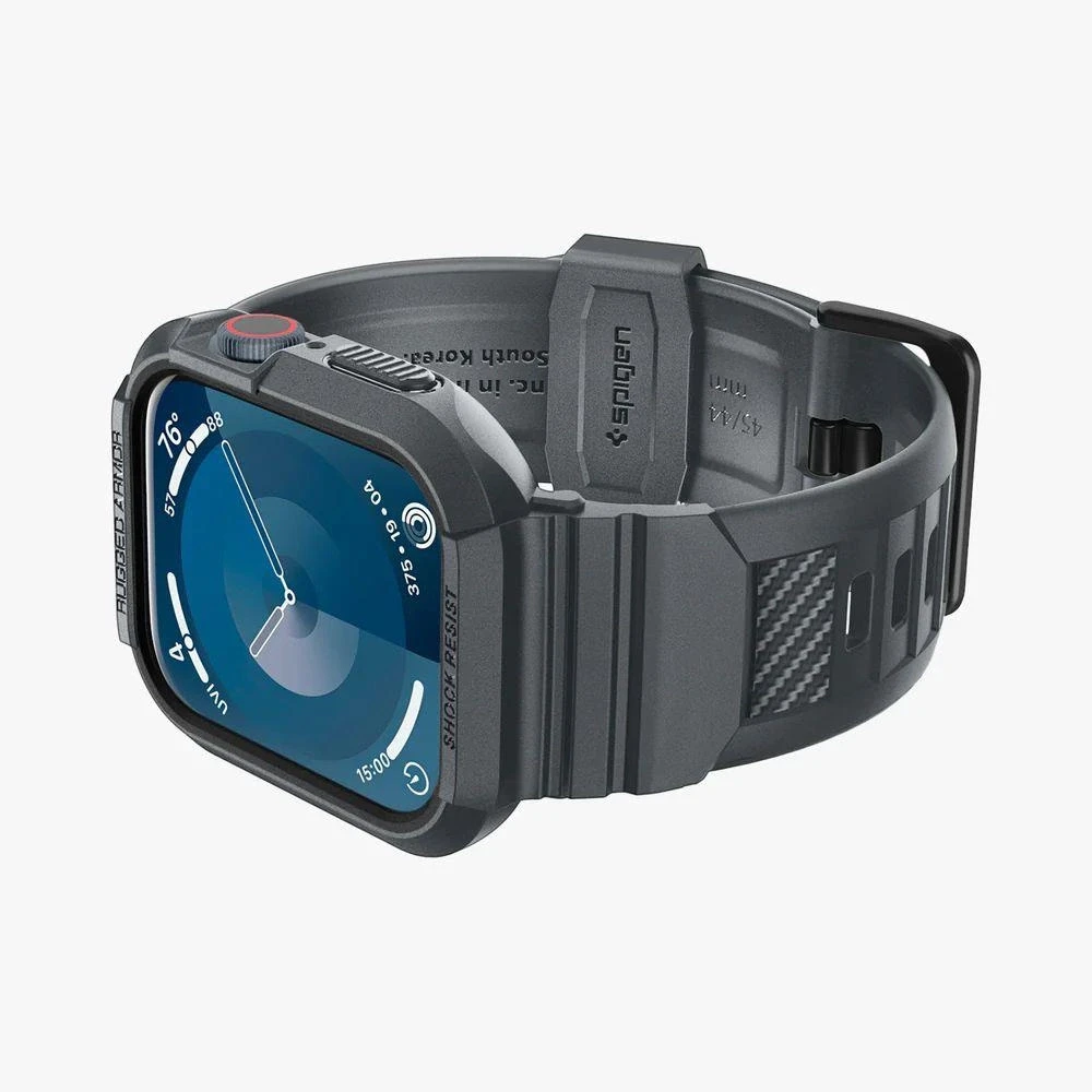 „Spigen Rugged Armor Pro“ dirželis su dėklu, skirtas „Apple Watch 4/5/6/7/8/9/SE 44/45 mm“ (tamsiai pilkas)
