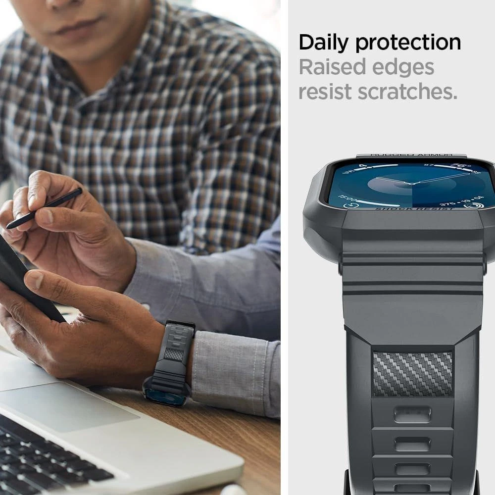 „Spigen Rugged Armor Pro“ dirželis su dėklu, skirtas „Apple Watch 4/5/6/7/8/9/SE 44/45 mm“ (tamsiai pilkas)