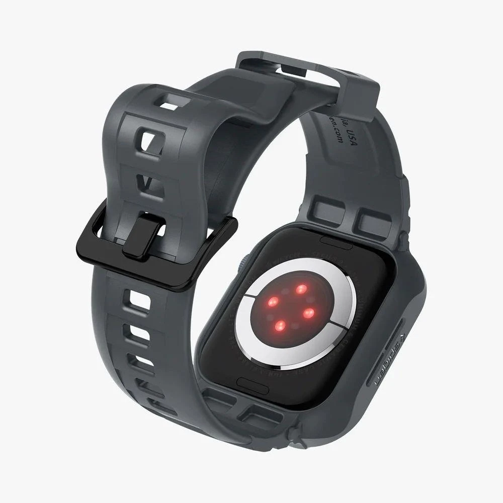„Spigen Rugged Armor Pro“ dirželis su dėklu, skirtas „Apple Watch 4/5/6/7/8/9/SE 44/45 mm“ (tamsiai pilkas)