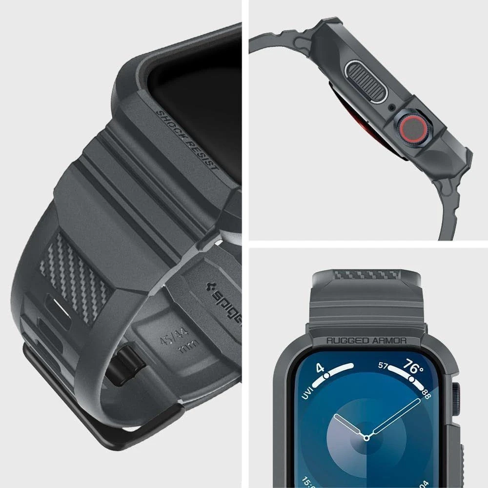 „Spigen Rugged Armor Pro“ dirželis su dėklu, skirtas „Apple Watch 4/5/6/7/8/9/SE 44/45 mm“ (tamsiai pilkas)