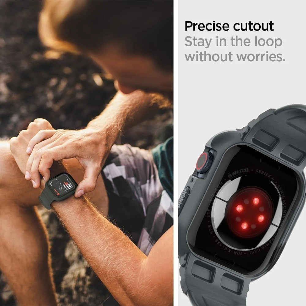 „Spigen Rugged Armor Pro“ dirželis su dėklu, skirtas „Apple Watch 4/5/6/7/8/9/SE 44/45 mm“ (tamsiai pilkas)