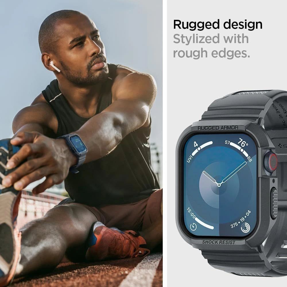 „Spigen Rugged Armor Pro“ dirželis su dėklu, skirtas „Apple Watch 4/5/6/7/8/9/SE 44/45 mm“ (tamsiai pilkas)
