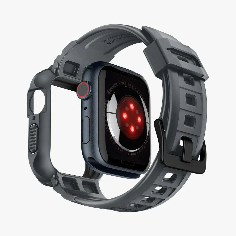 „Spigen Rugged Armor Pro“ dirželis su dėklu, skirtas „Apple Watch 4/5/6/7/8/9/SE 44/45 mm“ (tamsiai pilkas)