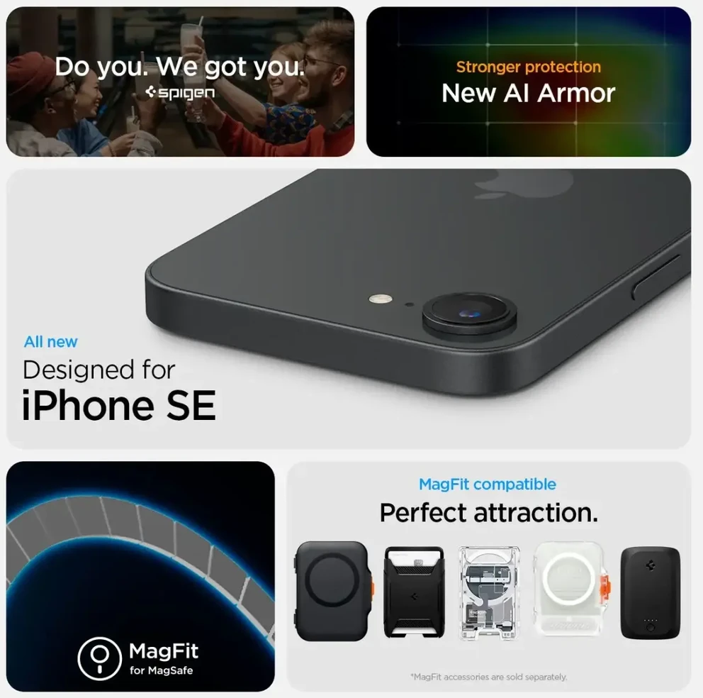 Spigen Tough Armor MagSafe Apple iPhone SE 4 (2025) su Stand – dėklas telefonui pilkos spalvos