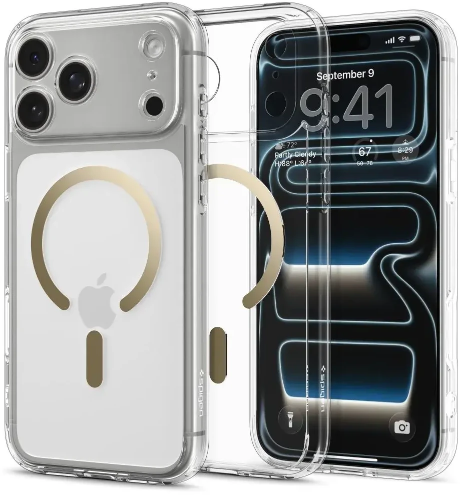 Spigen Ultra Hybrid MagSafe dėklas skirtas Apple iPhone 17 Pro – skaidrus auksos spalvos
