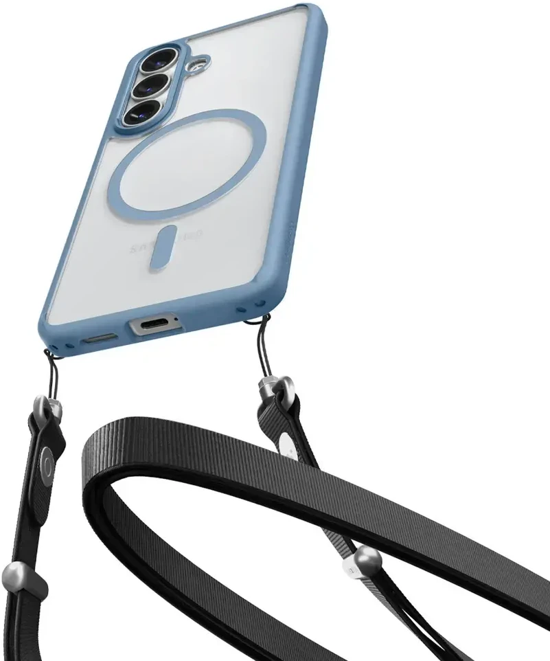Spigen Ultra Hybrid Mag MagSafe dėklas skirtas Samsung Galaxy S26+ – skaidrus ir mėlynos spalvos