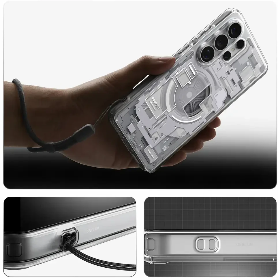 Spigen Ultra Hybrid Mag MagSafe dėklas skirtas Samsung Galaxy S26 Ultra Zero One – Clear and Baltas