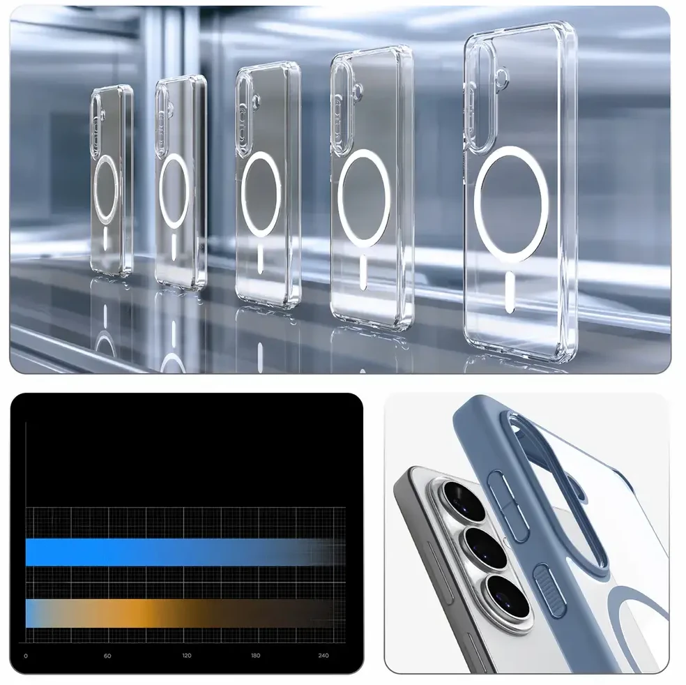 Spigen Ultra Hybrid Mag MagSafe dėklas skirtas Samsung Galaxy S26+ – skaidrus ir mėlynos spalvos