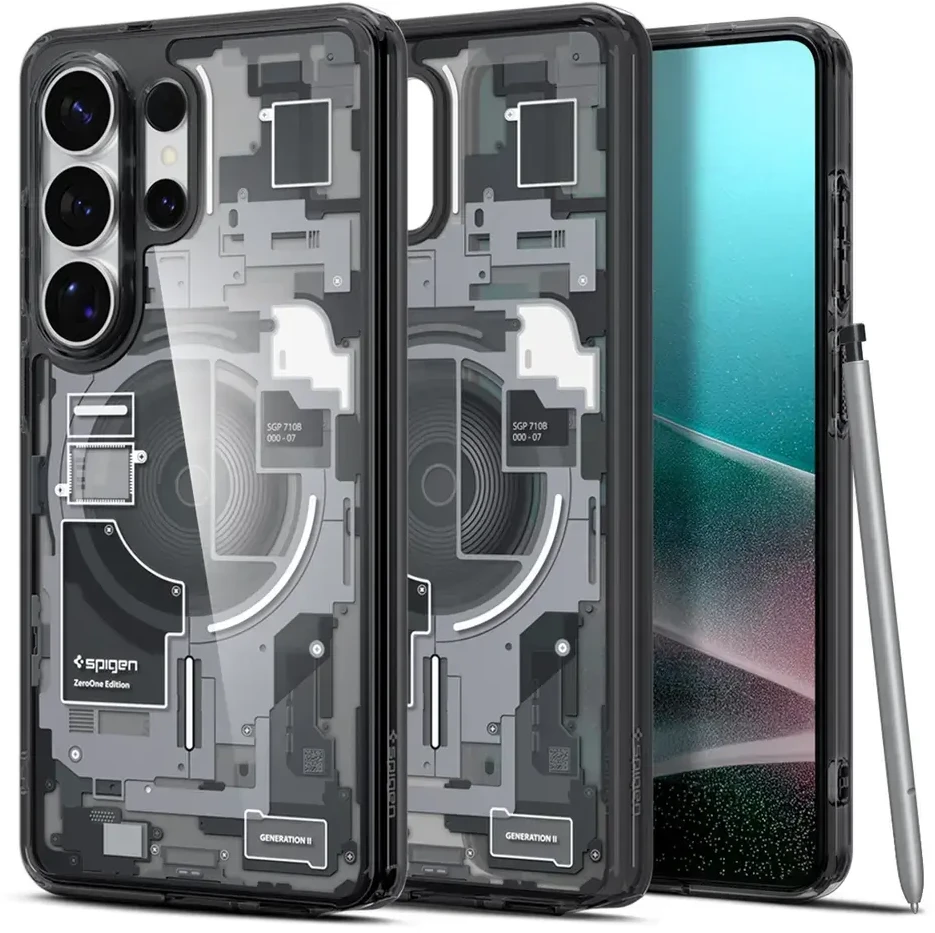 Spigen Ultra Hybrid Mag telefono dėklas su MagSafe palaikymu skirta Samsung Galaxy S26 Ultra (S948), skaidriai juodas