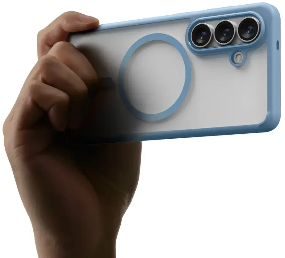 Spigen Ultra Hybrid Mag MagSafe dėklas skirtas Samsung Galaxy S26+ – skaidrus ir mėlynos spalvos