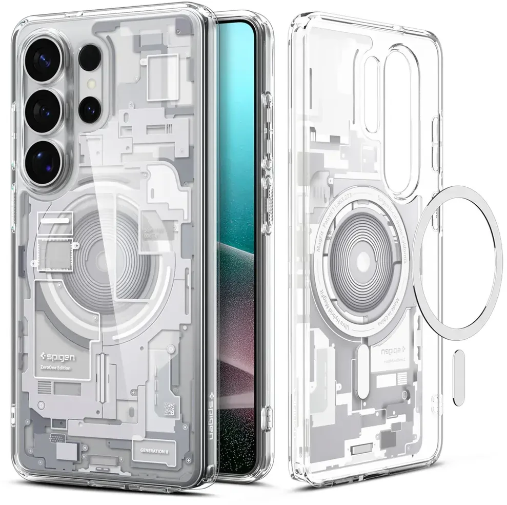 Spigen Ultra Hybrid Mag MagSafe dėklas skirtas Samsung Galaxy S26 Ultra Zero One – Clear and Baltas