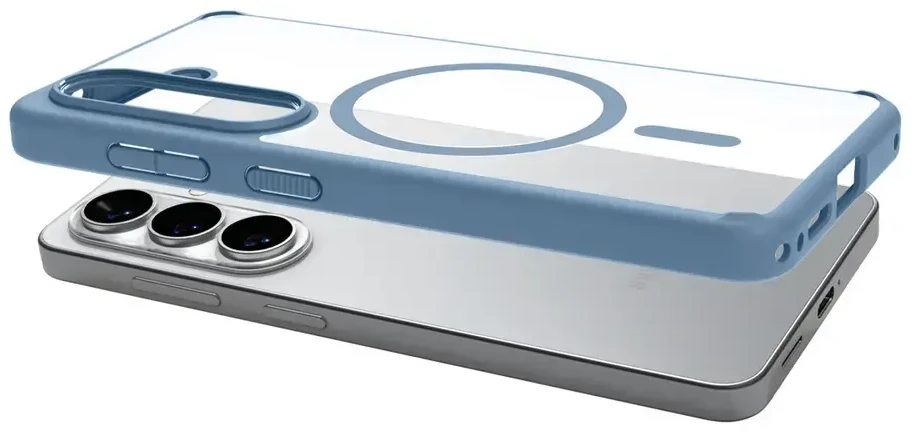 Spigen Ultra Hybrid Mag MagSafe dėklas skirtas Samsung Galaxy S26+ – skaidrus ir mėlynos spalvos