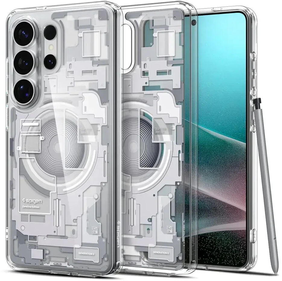 Spigen Ultra Hybrid Mag MagSafe dėklas skirtas Samsung Galaxy S26 Ultra Zero One – Clear and Baltas