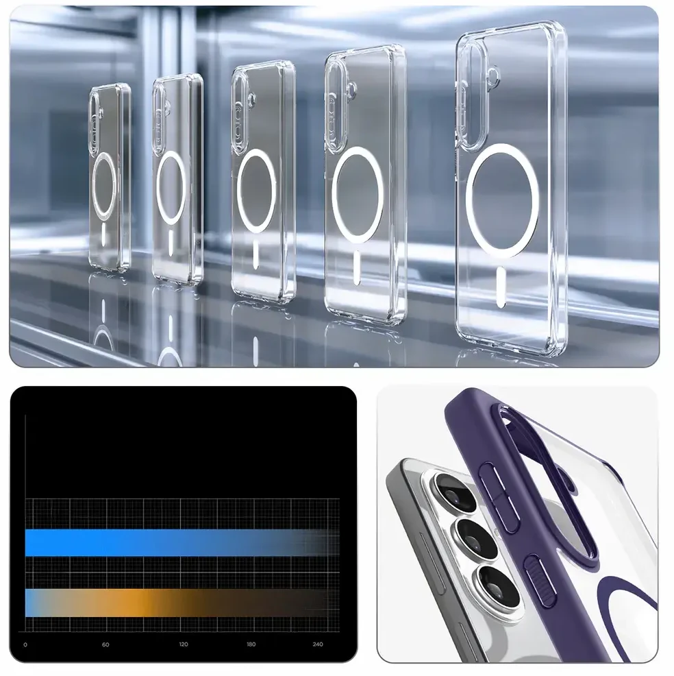 Spigen Ultra Hybrid Mag MagSafe dėklas skirtas Samsung Galaxy S26+ – skaidrus ir mėlynos spalvos
