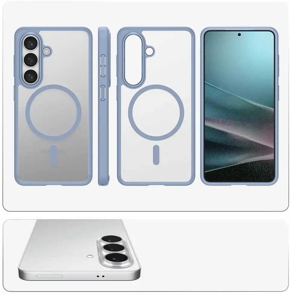 Spigen Ultra Hybrid Mag MagSafe dėklas skirtas Samsung Galaxy S26+ – skaidrus ir mėlynos spalvos