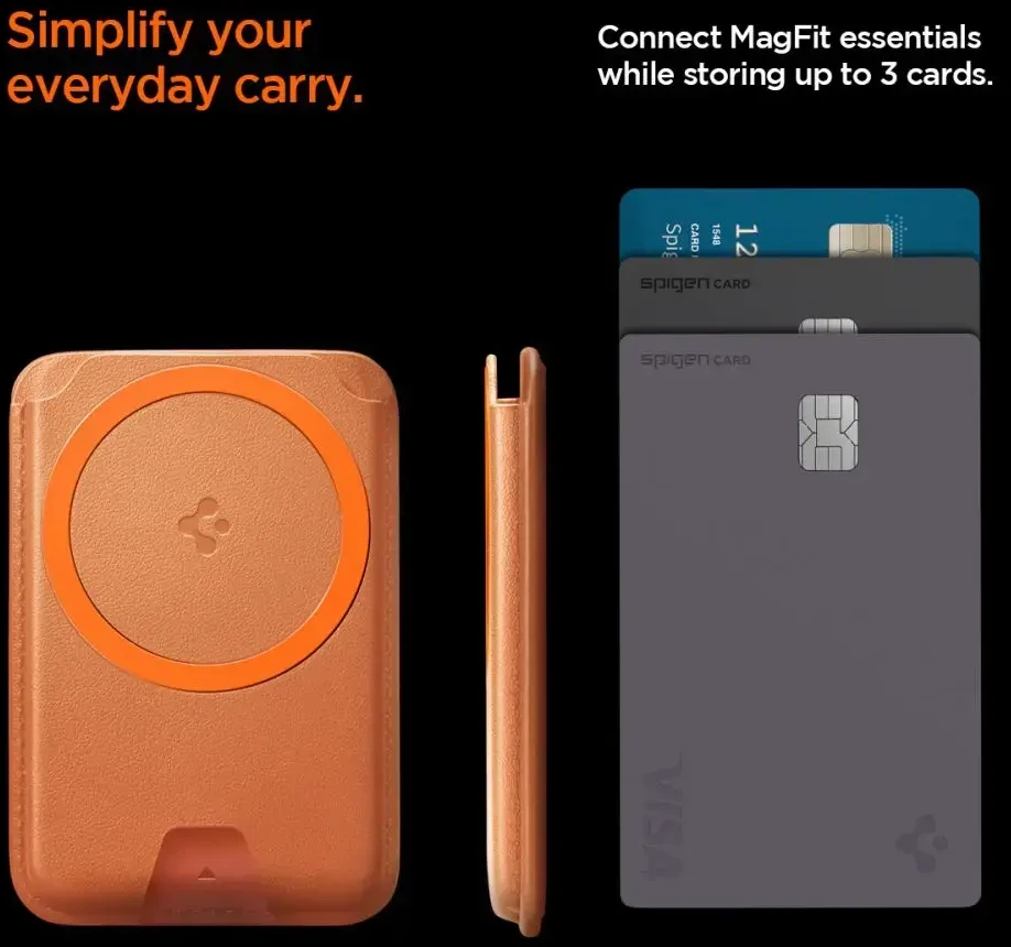 Dėklas Spigen Valentinus MAgFit+ MagSafe Universal Magnetic Card Holder Metallic oranžinės spalvos