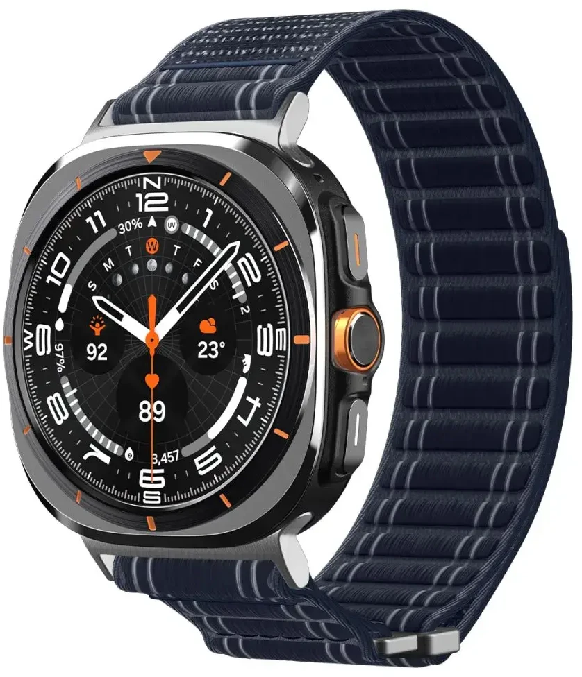 „Spigen“ medžiaginis dirželis (su lipdukais), tamsiai mėlynas – „Samsung Galaxy Watch Ultra 47mm“