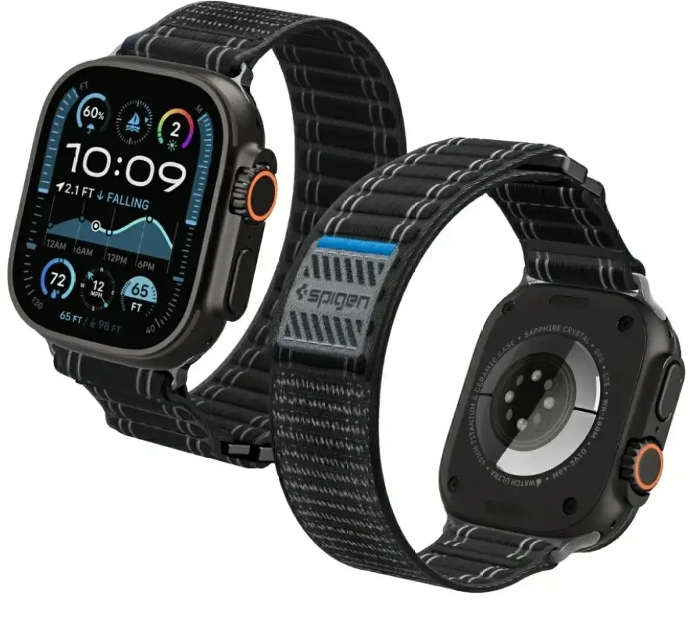 „Spigen Fabric Band“ apyrankė (su lipduku ir kilpa), juoda - Apple Watch 49mm/46mm/45mm/44mm