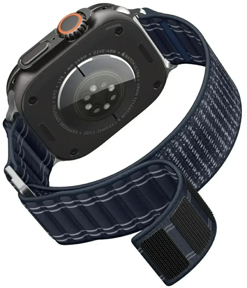 „Spigen Fabric Band“ apyrankė su lipdukais ir kilpelėmis, tamsiai mėlyna - „Apple Watch 49mm/46mm/45mm/44mm“