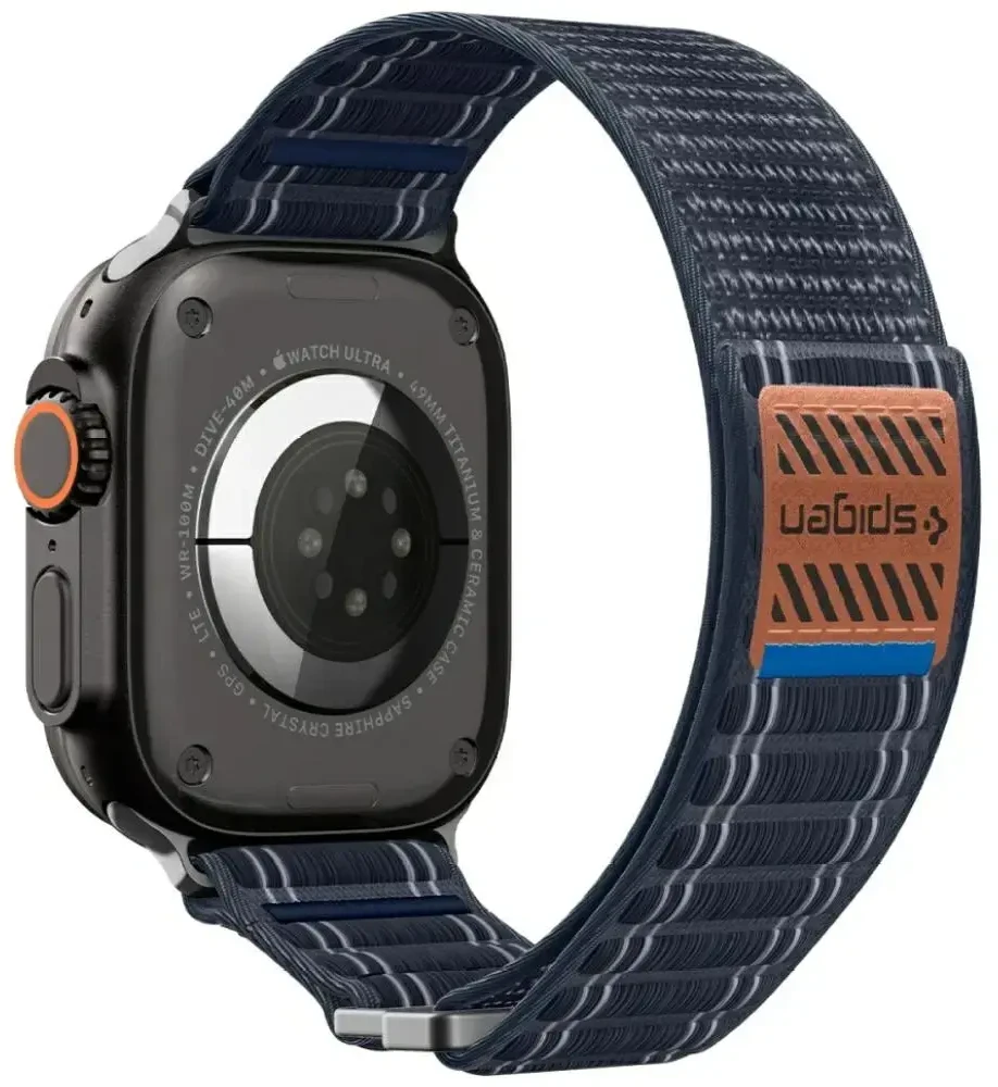 „Spigen Fabric Band“ apyrankė su lipdukais ir kilpelėmis, tamsiai mėlyna - „Apple Watch 49mm/46mm/45mm/44mm“