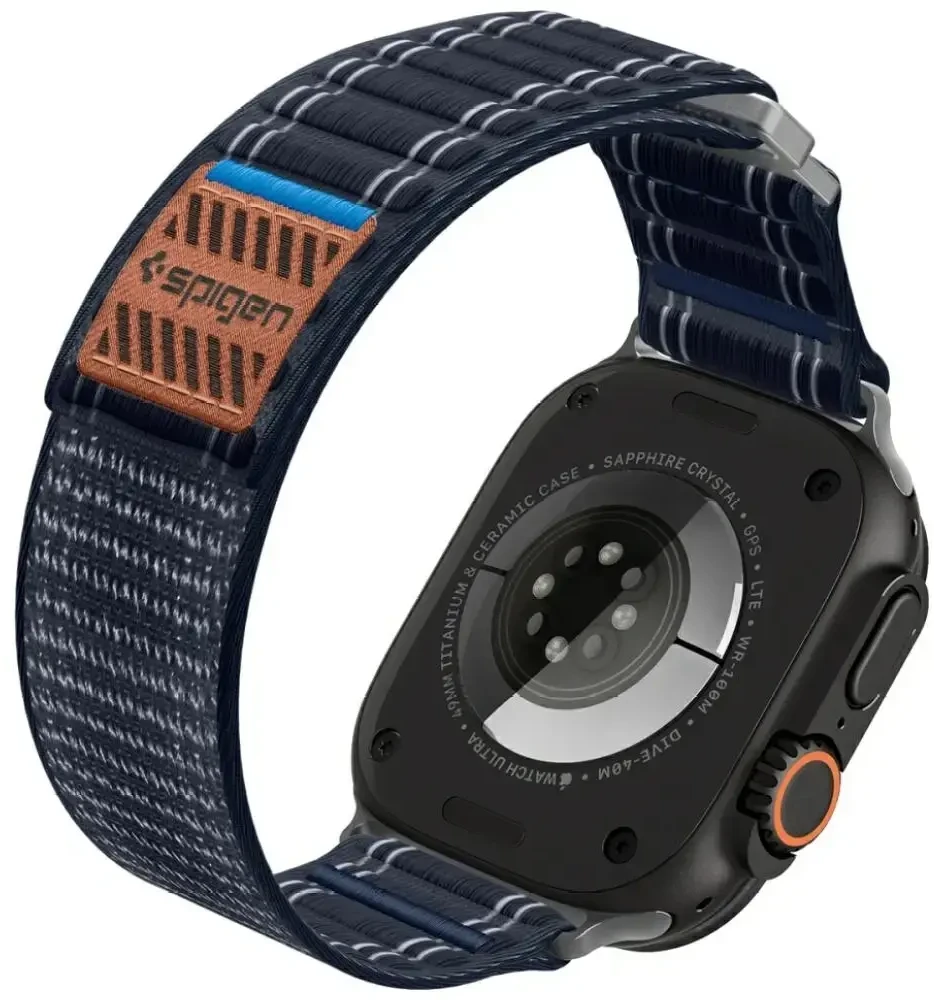„Spigen Fabric Band“ apyrankė su lipdukais ir kilpelėmis, tamsiai mėlyna - „Apple Watch 49mm/46mm/45mm/44mm“