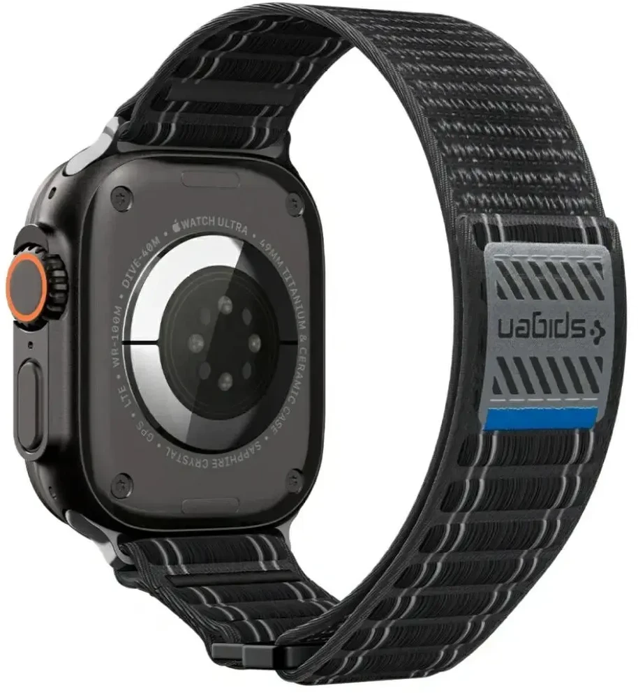 „Spigen Fabric Band“ apyrankė (su lipduku ir kilpa), juoda - Apple Watch 49mm/46mm/45mm/44mm