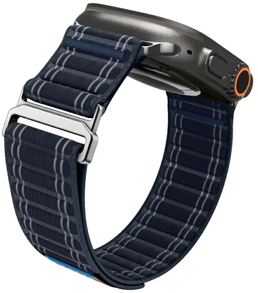 „Spigen Fabric Band“ apyrankė su lipdukais ir kilpelėmis, tamsiai mėlyna - „Apple Watch 49mm/46mm/45mm/44mm“