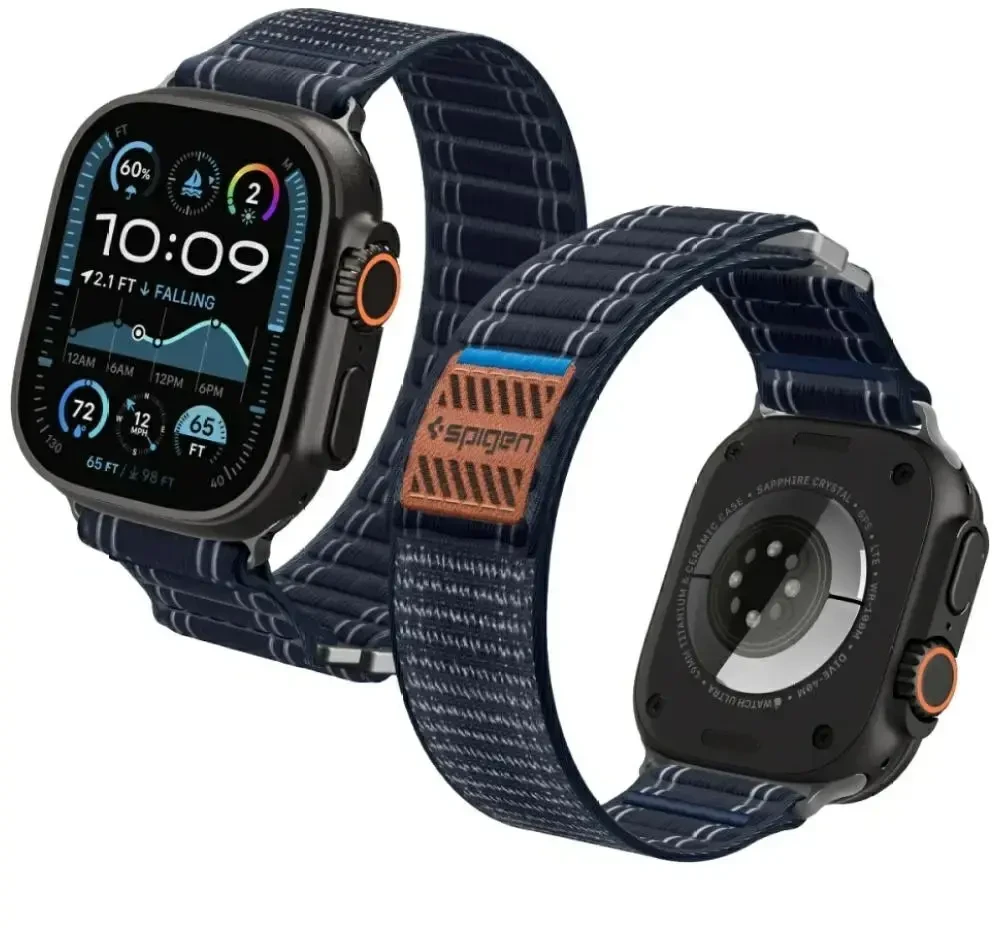 „Spigen Fabric Band“ apyrankė su lipdukais ir kilpelėmis, tamsiai mėlyna - „Apple Watch 49mm/46mm/45mm/44mm“