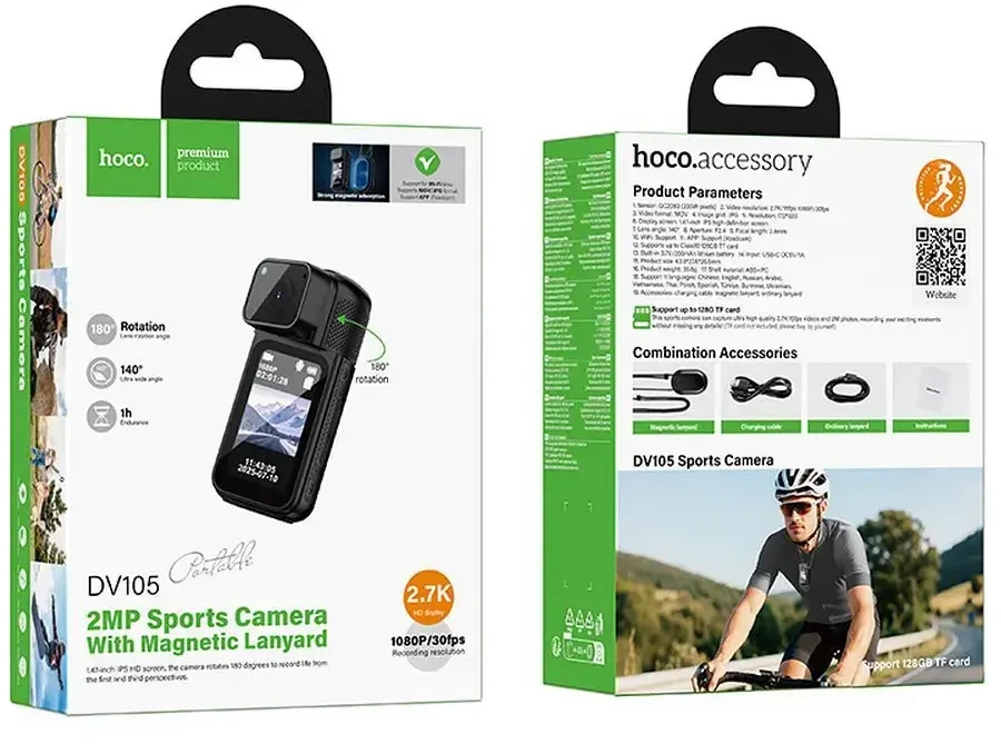 Sports camera Hoco 1,47" IPS 2K/15fps Wi-Fi DV105 juodas
