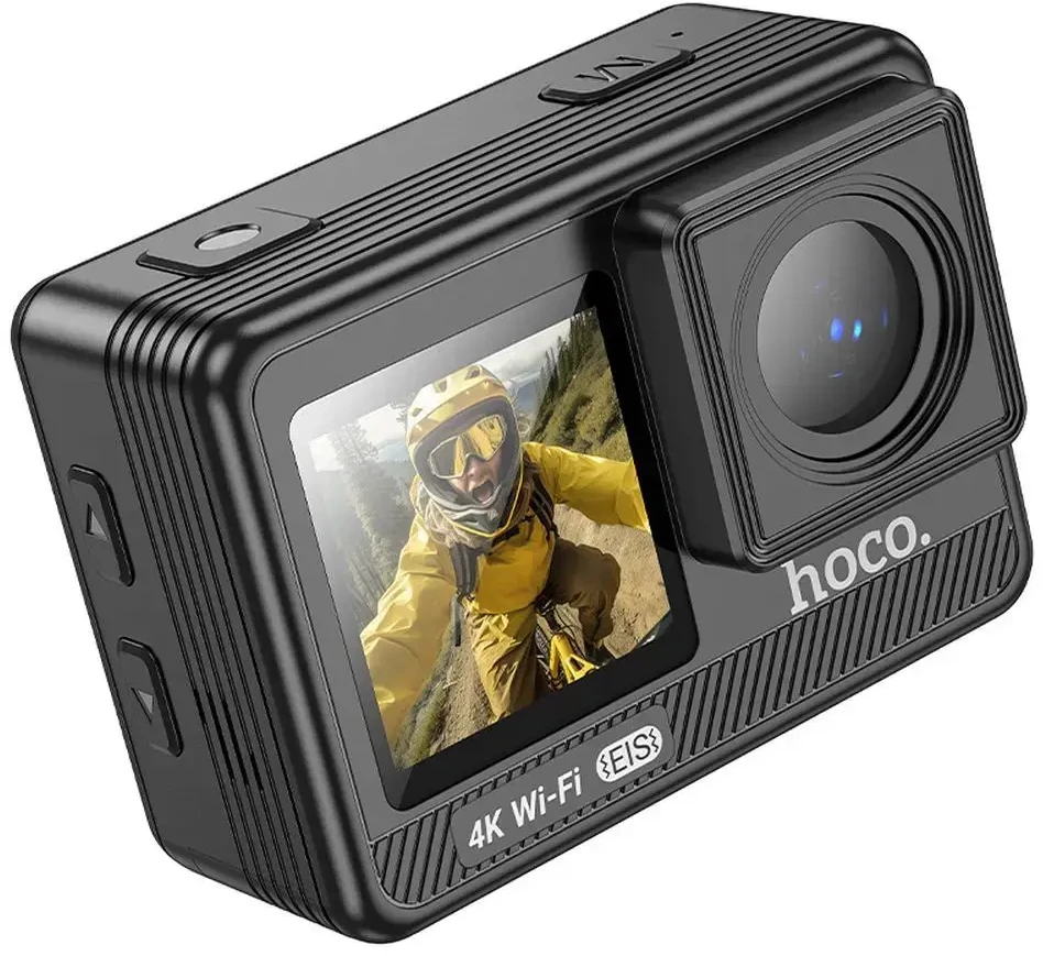 Sportinė kamera Hoco su dviem ekranais, 1,3" + 2" su stabilizatoriumi ir IPS matrica, 4K/30 kadrų per sekundę, DV102, juodas