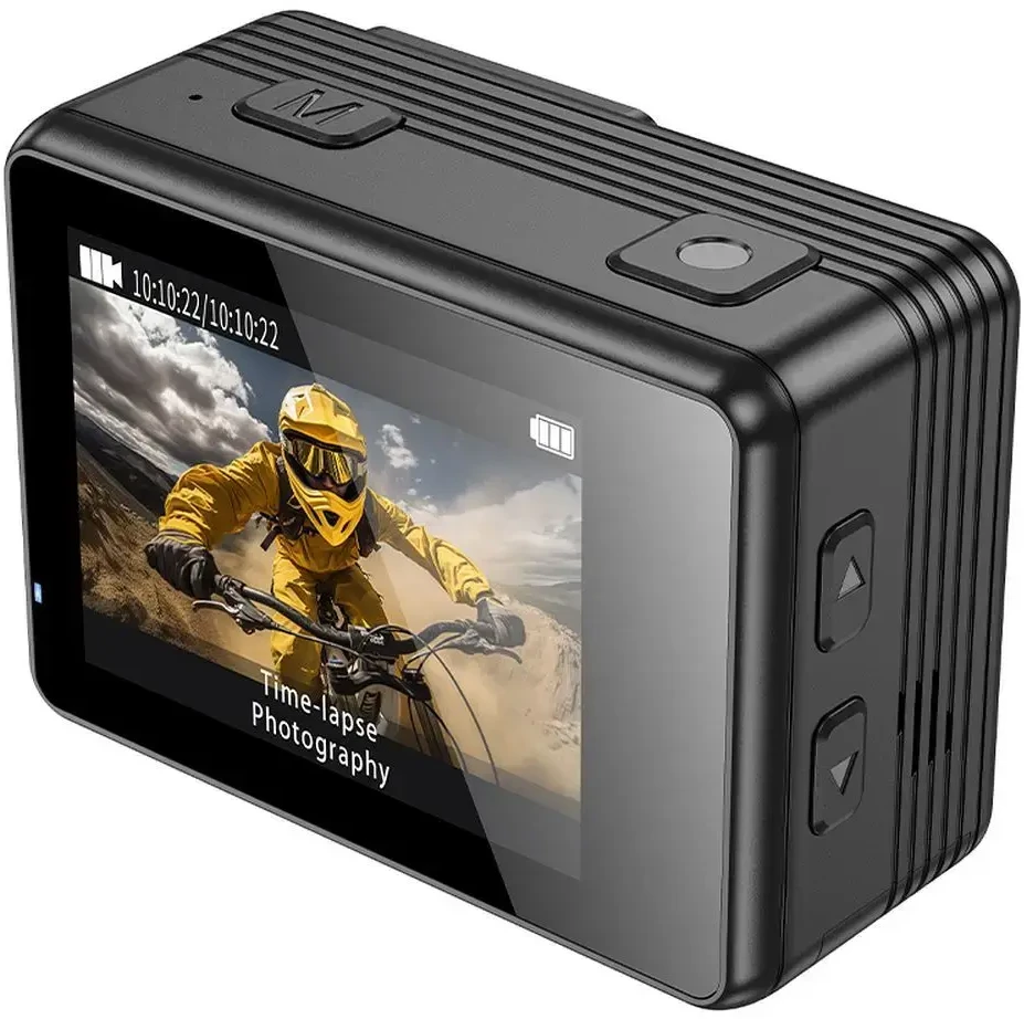 Sportinė kamera Hoco su dviem ekranais, 1,3" + 2" su stabilizatoriumi ir IPS matrica, 4K/30 kadrų per sekundę, DV102, juodas