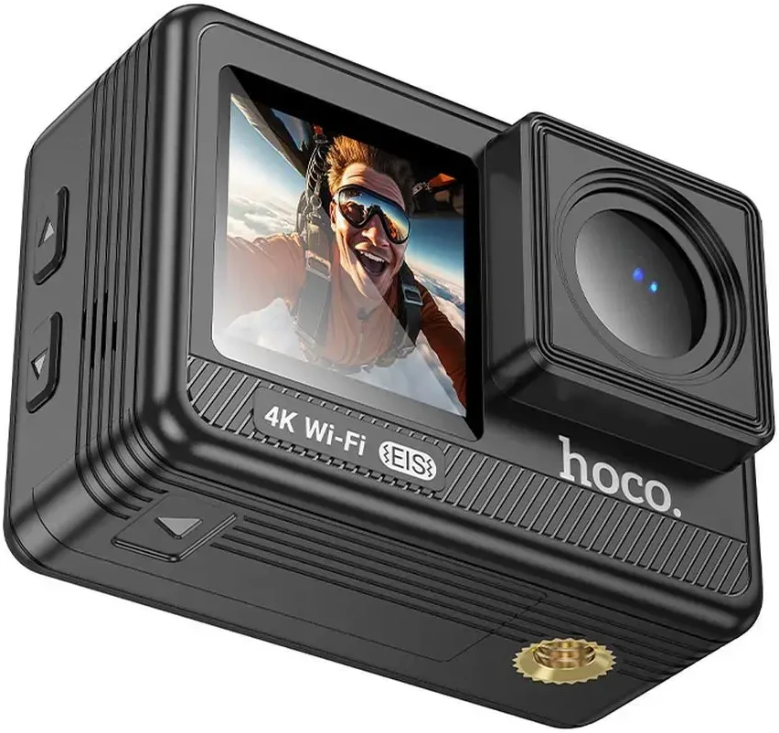 Sportinė kamera Hoco su dviem ekranais, 1,3" + 2" su stabilizatoriumi ir IPS matrica, 4K/30 kadrų per sekundę, DV102, juodas