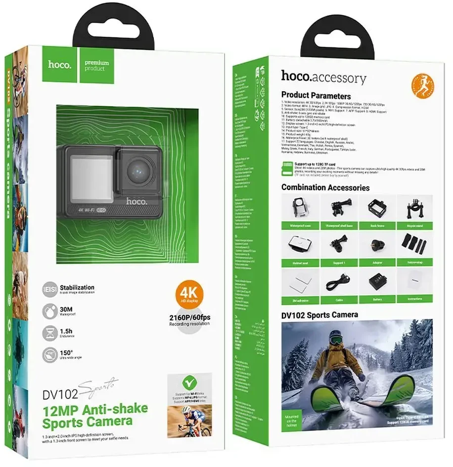 Sportinė kamera Hoco su dviem ekranais, 1,3" + 2" su stabilizatoriumi ir IPS matrica, 4K/30 kadrų per sekundę, DV102, juodas