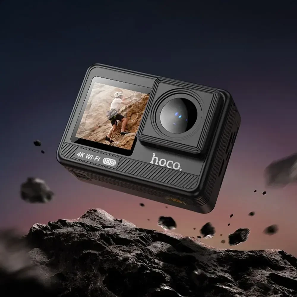 Sportinė kamera Hoco su dviem ekranais, 1,3" + 2" su stabilizatoriumi ir IPS matrica, 4K/30 kadrų per sekundę, DV102, juodas