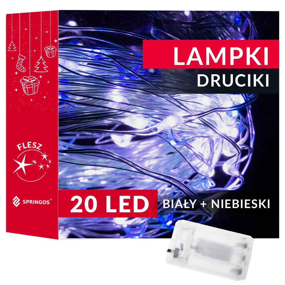 Springos 20 LED Mikrolempučių Girlianda, Šalta Balta + Mėlyna, 1,9 m