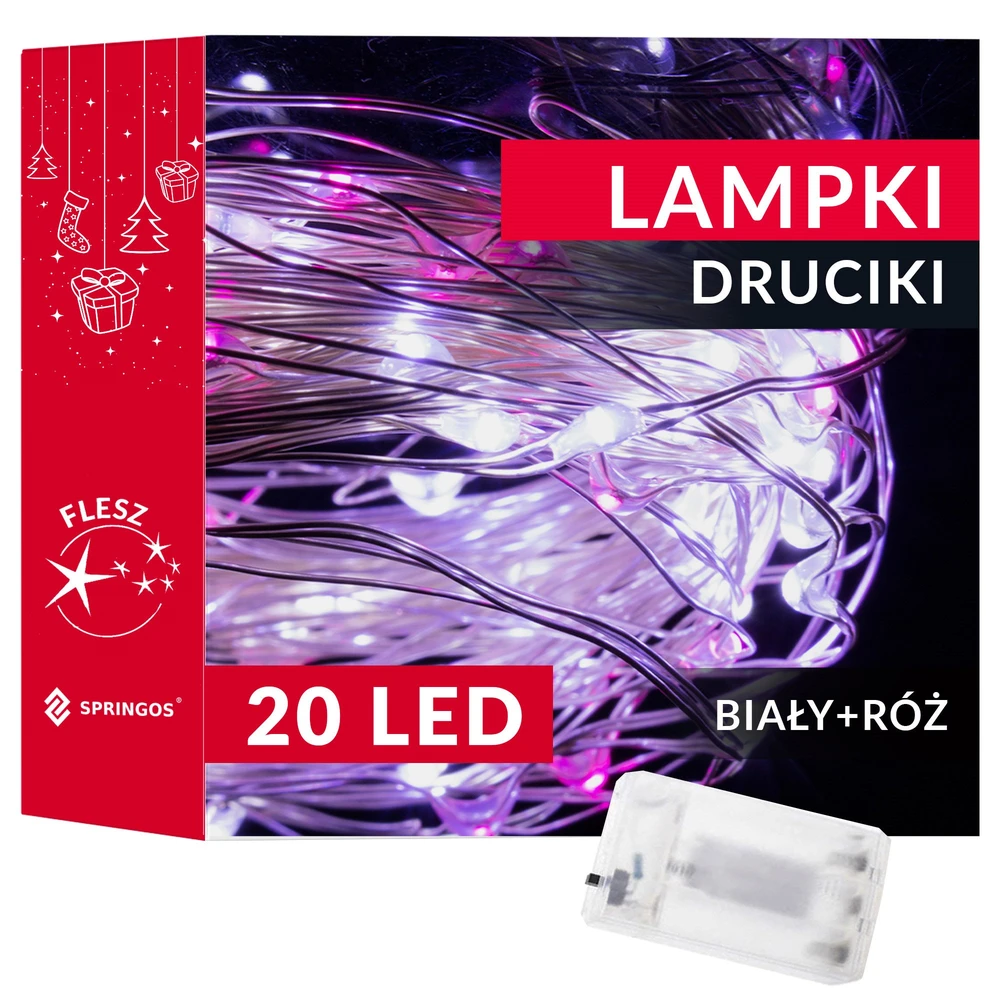 Springos Mikrolempų girlianda 20 LED, šalta balta ir rožinė, 1,9 m