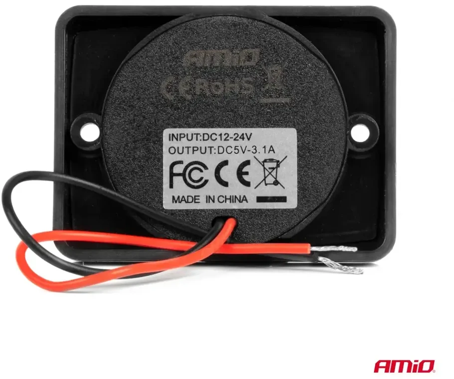 Kvadratinis atsparus vandeniui telefono įkroviklis su raudonu LED apšvietimu, 2xUSB 12/24V AMIO-04230