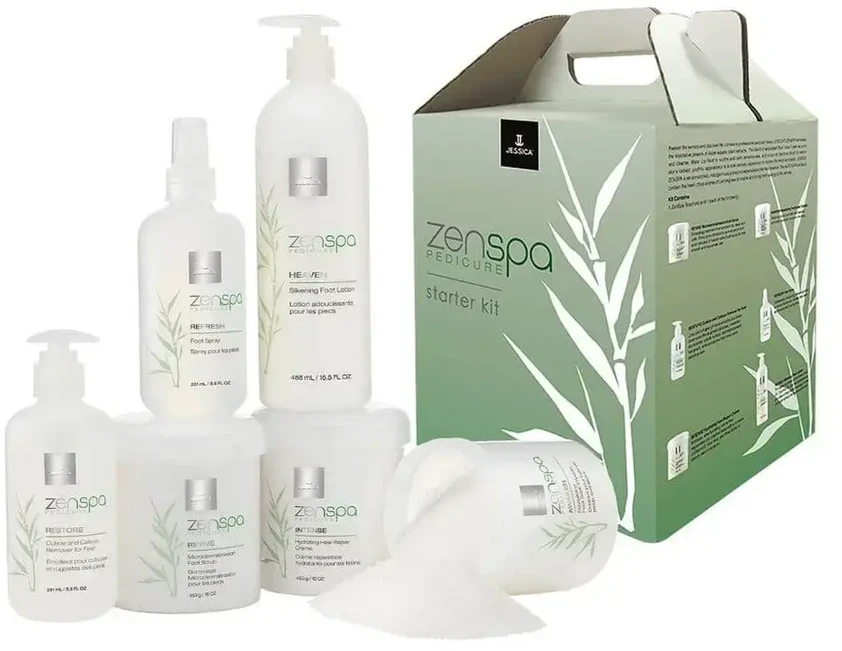 Starter Kit Set Jessica: ZenSpa Revive Vulkaninio pemzos pėdų šveitiklis, 435 g + ZenSpa Restore Alavijų odelių šalinimo gelis, 251 ml + ZenSpa Intense Vitamin E drėkinamasis pėdų kremas, 425 g + ZenSpa Awaken raminanti pėdų vonios druska, 453 g + ZenSpa R