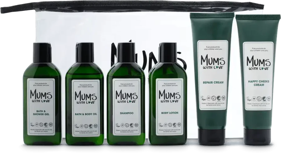 Starter Kit Set Mums With Love: Mums With Love Hydrating Losjonas kūnui, 100 ml + Mums With Love Hair Šampūnas For Cleansing, 100 ml + Mums With Love Dušo želė For All Skin Types, 100 ml + Mums With Love Cleansing Bath Oil, 100 ml + Happy Cheeks Repairing Cr