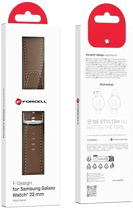 Dirželis Samsung Galaxy Watch Forcell F-Design FS21, eko odos, 22 mm, rudas, su skylutėmis