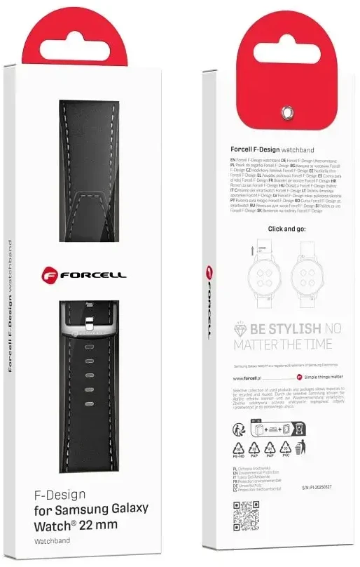 Dirželis „Samsung Galaxy Watch Forcell F-Design FS21“ su skylutėmis, eko oda, 22 mm, juodas