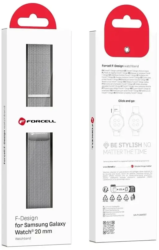 Dirželis „Samsung Galaxy Watch Forcell F-Design FS11“ magnetiniam plienui, 20 mm, sidabrinis